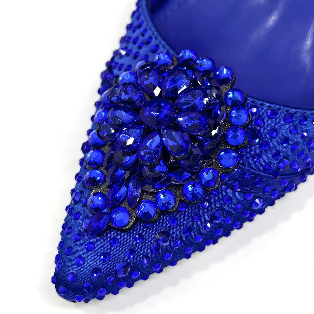 Blue Color Rhinestone Comfortable high heel shoe And Bag Fashion Style Pointed-Toe Shoes For Women Or Commuting Shoes