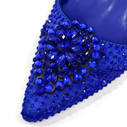 Blue Color Rhinestone Comfortable high heel shoe And Bag Fashion Style Pointed-Toe Shoes For Women Or Commuting Shoes