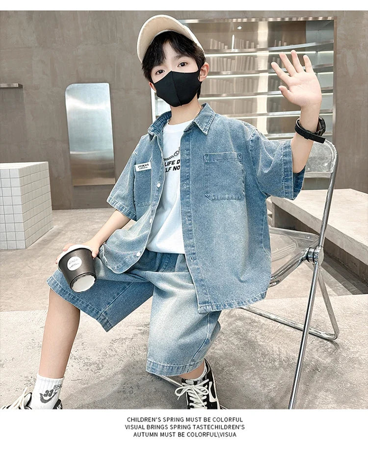 High Fashion Kids Summer Suit for Boy with Denim Shorts Two Pieces Tracksuit Children Casual Top and Bottom Clothing Set 5-14 Y
