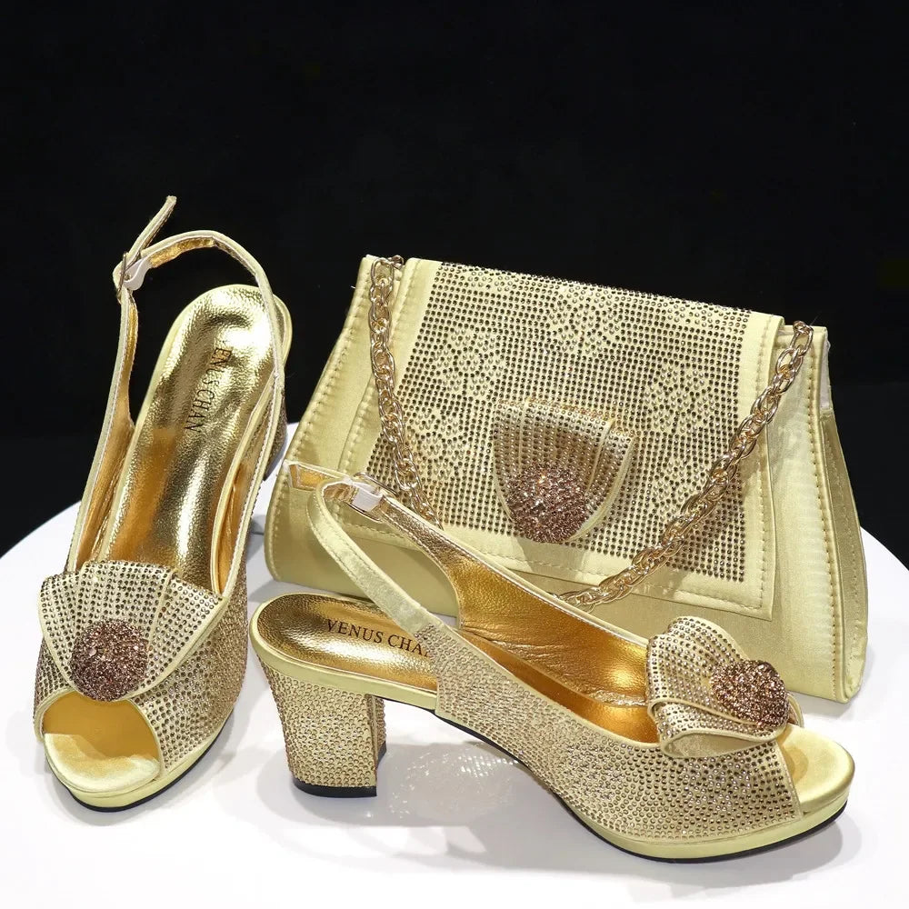 2024 Italian Design Girly Style Golden Color Wedding Shoes And Bag Full Diamond Decoration Metal Closure Bags