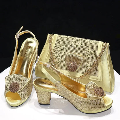 2024 Italian Design Girly Style Golden Color Wedding Shoes And Bag Full Diamond Decoration Metal Closure Bags