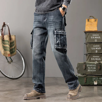 Autumn and winter new styles Men's Outdoor Wide Leg Workwear Multi-Pocket Jeans Straight fit plus size men's jeans  42 44