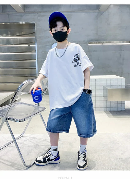 Boys New Summer Clothing Set Kids Short Sleeve T-shirt + Denim Shorts 2pc Sports Outfits for Kids Child Casual Cartoon Tracksuit