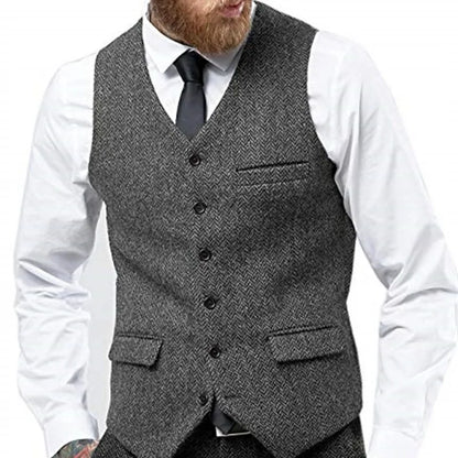 Herringbone Vest for Men Wool Tweed Waistcoat for Groom Groomsman Formal Single Breasted Males Plus Size Dress Suit Vest