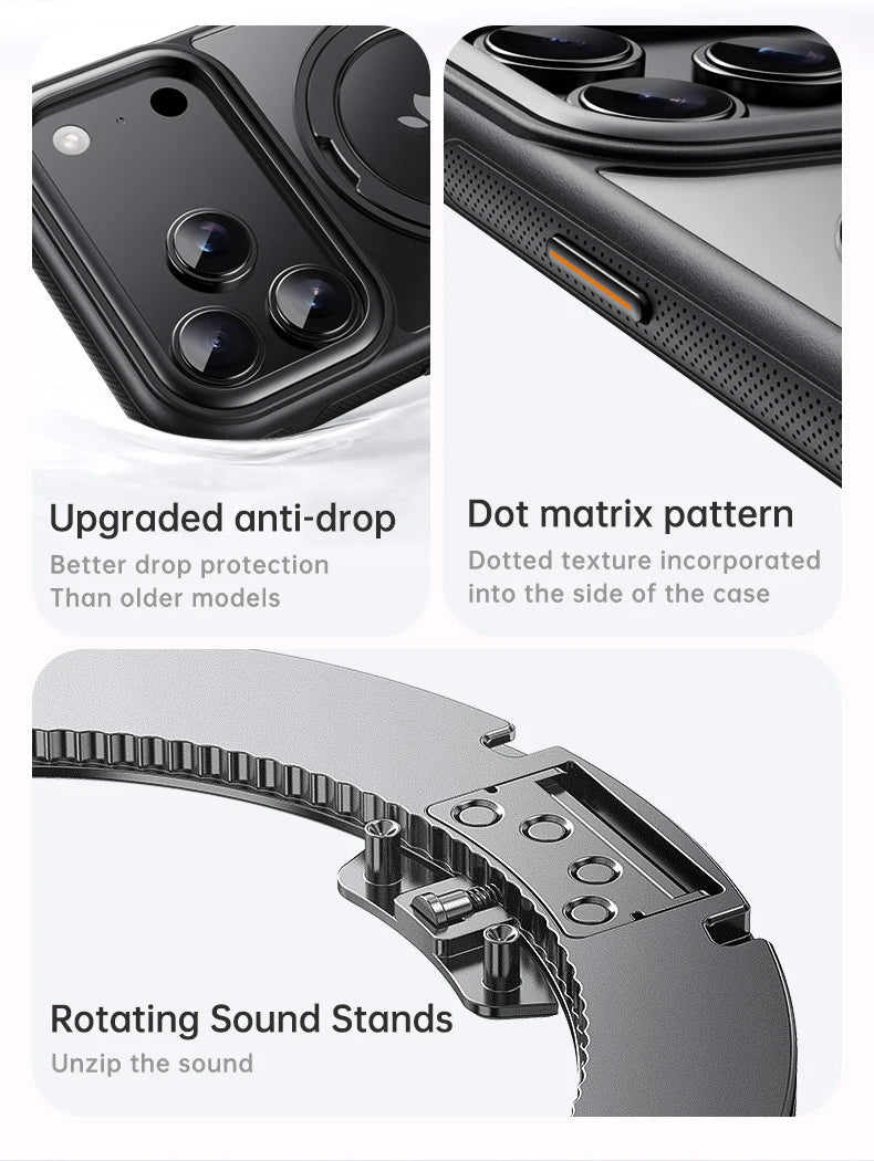 360° Mechanical Torque-Sound Rotating Stand Holder Magnetic Magsafe Phone Case For iPhone 16 15 14 13 17 Pro Max Plus 17Air 16E