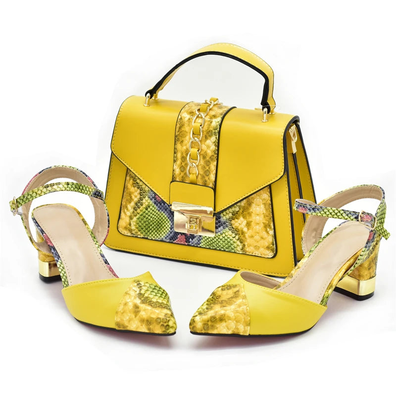 New Design Italian Shoe and Bag Set for Party In Women Ladies Shoes and Sandals Snake Print Heels Wedding Shoes for Women Bride