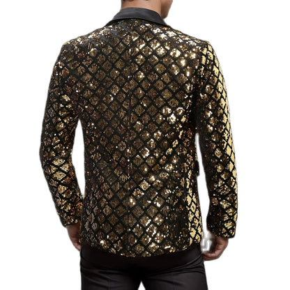 Men's Gold Suit Jacket, Wedding Party Dress Coat, Silver Blue Black Round Metallic Sequin Decoration Blazers.
