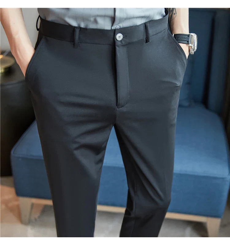 Mens Dress Pants Trousers 2025 Summer New Thin Breathable Solid Casual High Elastic Slim Fit Suit Pants Streetwear Men Clothing