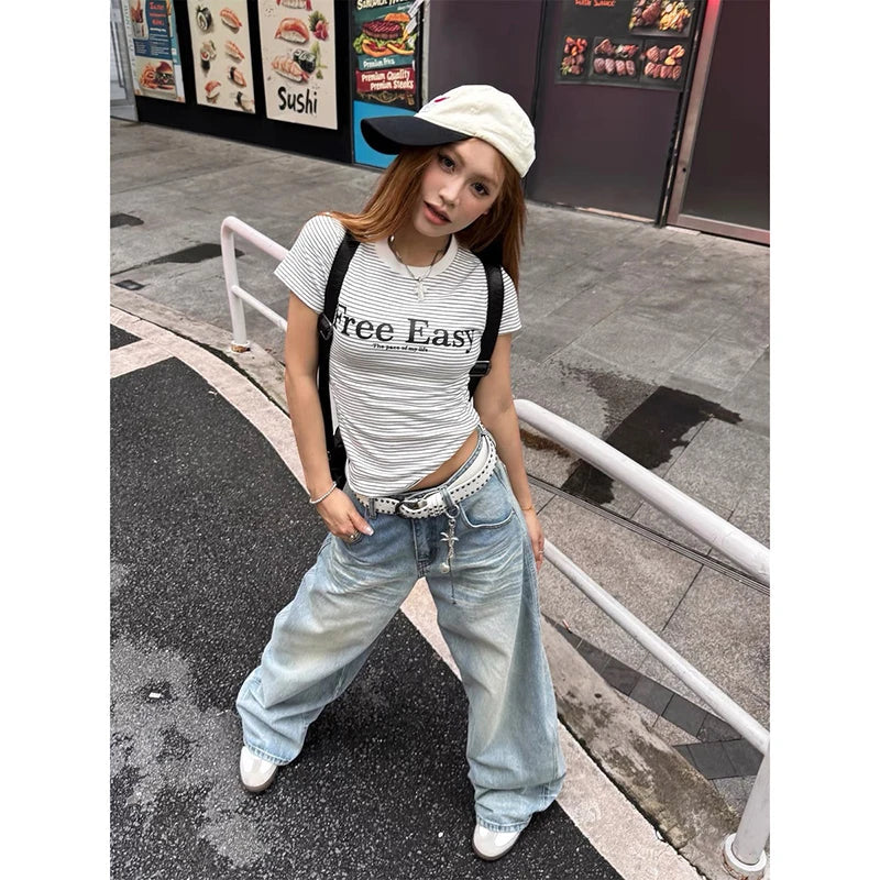 Vintage Y2k Embroidery Jeans Women Blue High Waist Straight Baggy Denim Trousers American Retro 90s Street Wide Leg Jeans