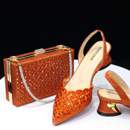 Low Heel Shoes for Women Hollowed Out Embroidery Rhinestone Italian Design Gold Color Pointed-Toe Shoes and Bags Set