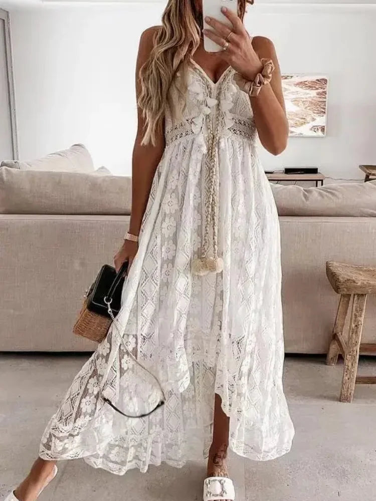 Summer Fashion Sexy Beach Vacation Long Dress Lace Sleeveless Women Dress V Neck Hollow Out Elegant Loose Dresses