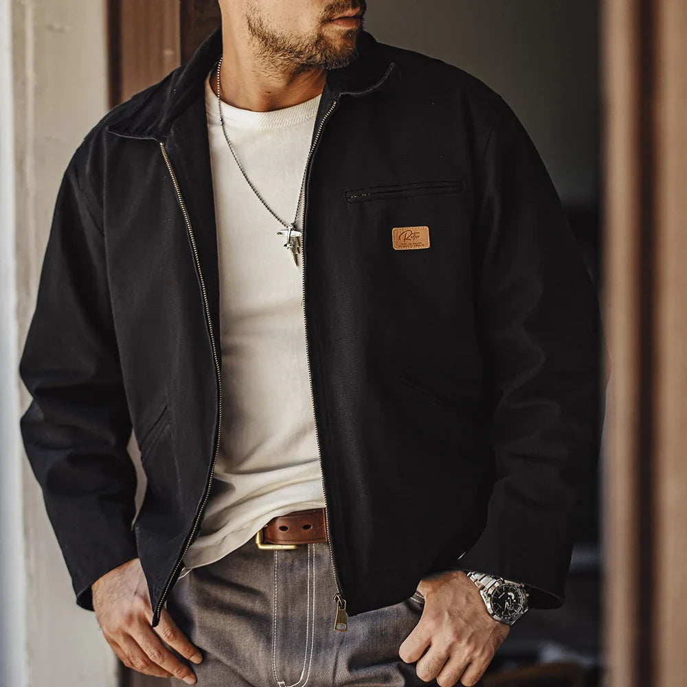 Men's Retro J001 Detroit Jacket Heavyweight Canvas Hunting Coat Lapel Collar Work Jackets with Zipper for Spring Fall