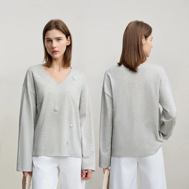 Women's Long Sleeve Top 2026 Spring New V-neck Loose T-shirt Women's Cotton Knitted Tees Pullover Versatile Top 12641011