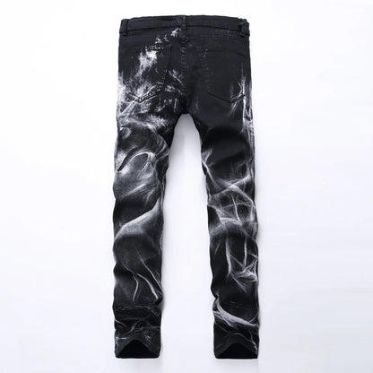 2026 Men's Blue 3D Printing Jeans, Black Wolf Pattern Printed Punk Straight Cotton Casual Print Denim Pants Asian Size 28-42