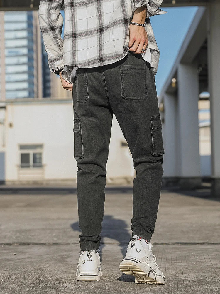 Men's Jogger Jeans Washed Cotton Slight Stretch Multi-Pockets Denim Cargo Pants Asian Size L-6XL