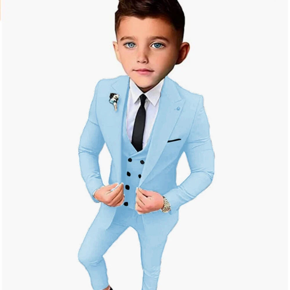 Boys Formal Slim Fit Suits 3 Pieces Holiday Celebration Outfit,Autumn Long Sleeve Kids Peak Lapel Suit Set Wedding Guest Wear