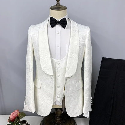Hot Selling Men Suits Pattern and Black Groom Tuxedos Shawl Satin Lapel Groomsmen Wedding Best Man ( Jacket+Pants+Vest+Tie) C691