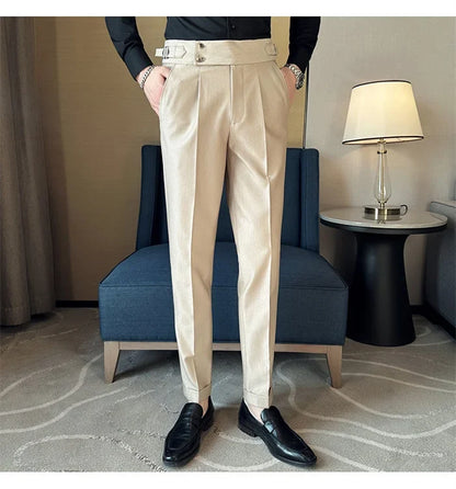 Pure Color Male Business Wedding Dress Pants Fashion Unique Design Men Waist Adjustable Suit Pant No Belt Slim Trousers Homme