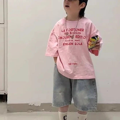 2026 New Original Design Boys' Pink Short Sleeved T-Shirt Summer Trendy Versatile Kids Half Sleeve T-Shirt