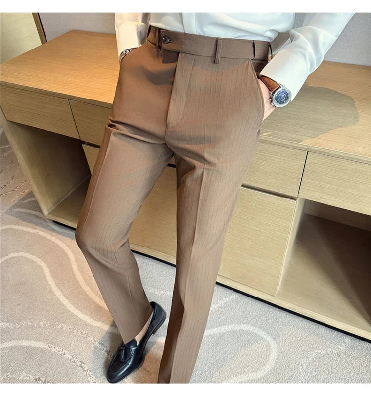 Spring Autumn New Elastic Waist Casual Trousers Male High Waist Dark Striped Slim Fit Pants Men Business Formal Casual Suit Pant