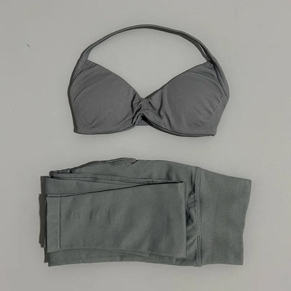 2 Piece Sports Set Women Yoga Backless Halter Bra High Waist Scrunch Seamless Pants Sport Suit Gym Sportswear Workout Set