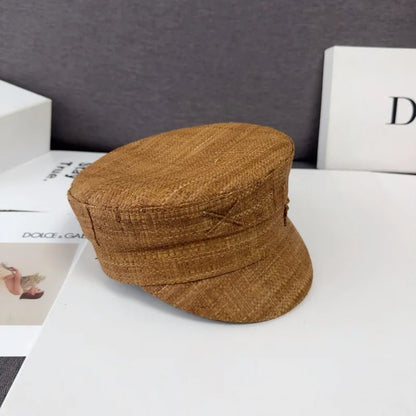 British Women’s Straw Newsboy Cap Summer Flat Top Sun Hat Spring Summer Raffia Handmade Monogram Embellished Baker Boy Cap