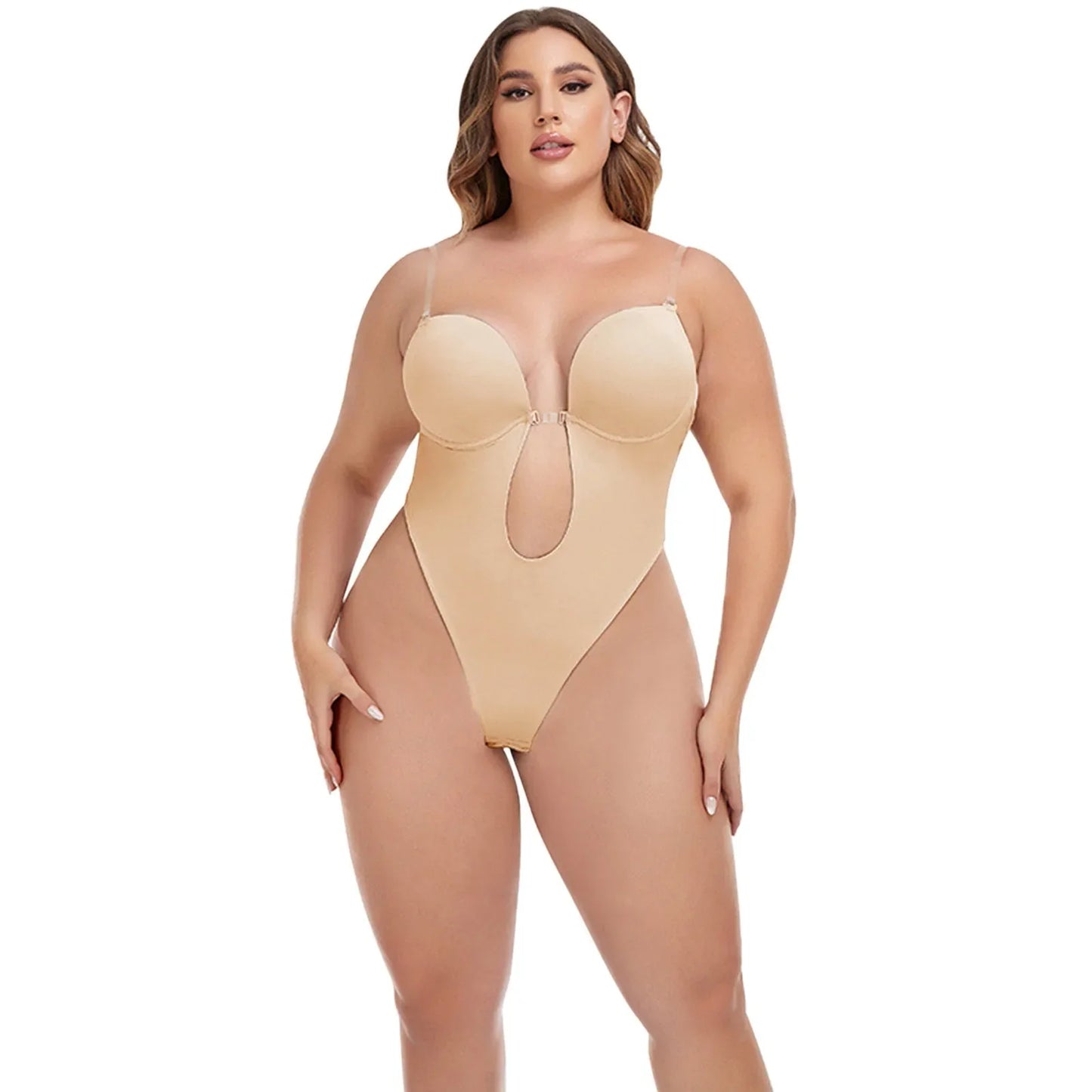 Invisible Shaper Bra Bodysuit Women Corset Backless Deep V U-Plunge Thong Waist Trainer Clear Strap Padded Push Up Shapewear