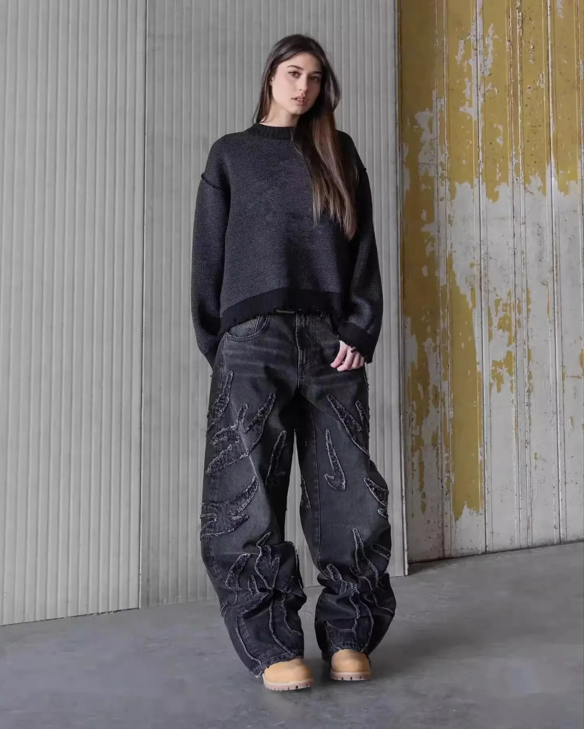 Mens Jeans Y2K Vintage Streetwear Black Wide Leg Denim Pants Ripped Patchwork Raw Hem Distressed Loose Fit Dark Punk Fashion