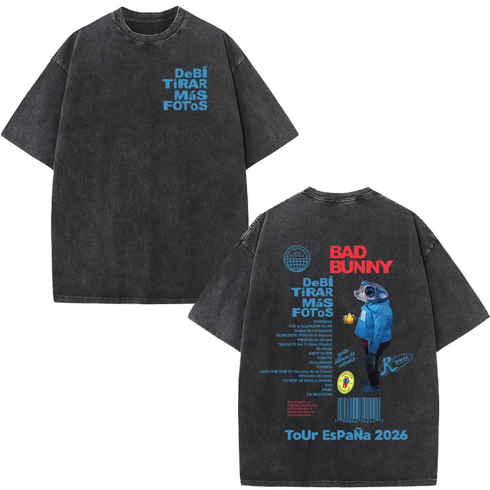 Rapper Bad Bunny Washed Vintage T-shirt Debi Tirar Mas Fotos DTMF World Tour T Shirts Men's Fashion Hip Hop T-shirts Streetwear
