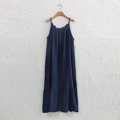 Vintage Muslin 100% Cotton Gauze Summer Dress Women Loose Sexy Sleeveless Ruched Long Maxi Desses Chic Vestidos
