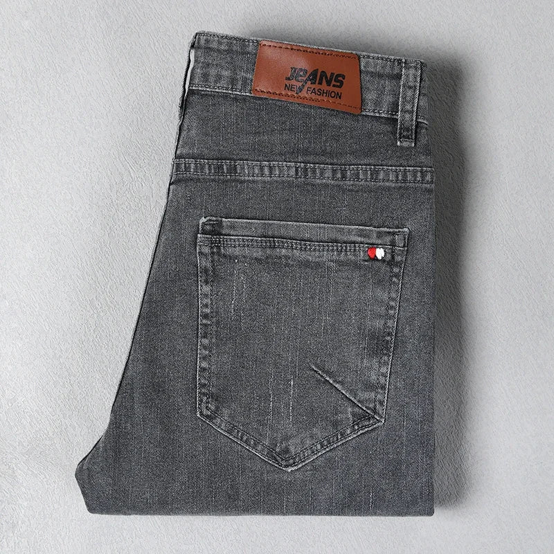 Spring Autumn Men's Stretch Slim Fit Jeans Gray Korean Fashion Skinny Small Straight Denim Pants Casual Trousers Male Clothes