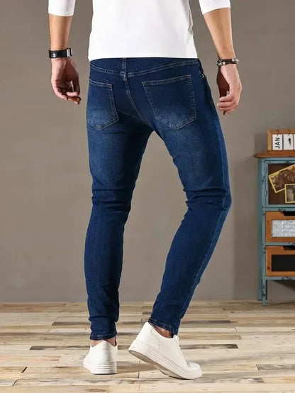 Men Jeans Stretch Skinny Denim Pants Solid Color Black Blue Spring Luxury Street Harajuku Hip-Hop Style Slim Fit Trousers Brand