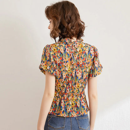 Floral Shirt 2026 Summer Women's Blouse French Style O Neck Short Sleeve Elegant Blouses Pullover Top