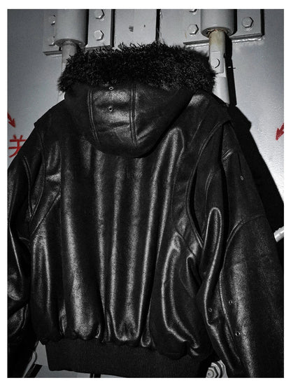 Spring Autumn Cool Short Oversized Thick Warm Pu Leather Jacket Men with Faux Fur Trim Hood Luxury Designer Clothes