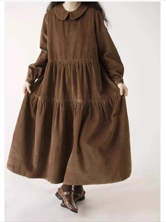 Autumn Winter Corduroy Dress Women Casual Dresses Fashion Female Vestidos Long Sleeve Vintage  A-line Dress Women's Dresses