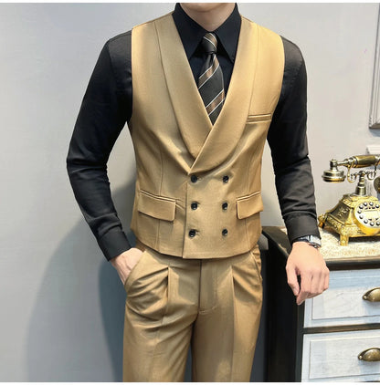 ( Vest + Pants) High-end Brand Solid Color Suit Vest 2 pieces Men Luxury Double Breasted Design Fashion Vest Set Club Clothing