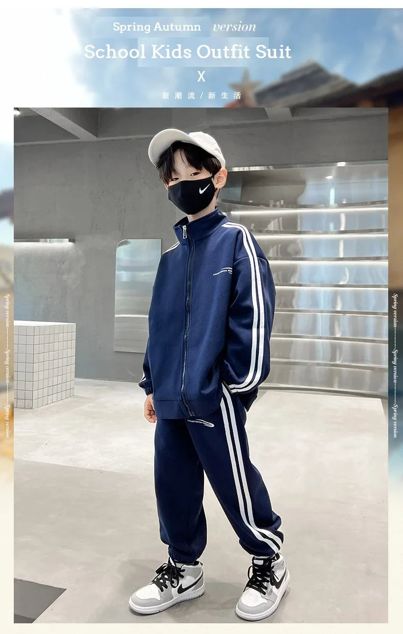 Spring Autumn Boys Navy Striped Zip Sweatshirt Coats+Sweatpant Sets School Kids Tracksuit Children Outfit Jogging Suit 3-14Yrs