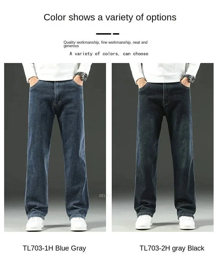 Autumn Winter  Brand New High Waist Jeans Classic Business Casual Office Men's Fashion Stretch Slim Denim Jeans Navy Blue