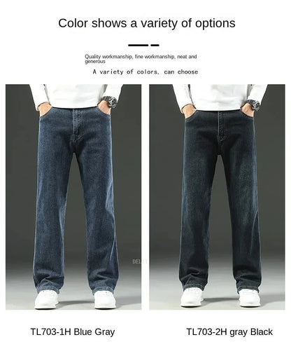 Autumn Winter  Brand New High Waist Jeans Classic Business Casual Office Men's Fashion Stretch Slim Denim Jeans Navy Blue