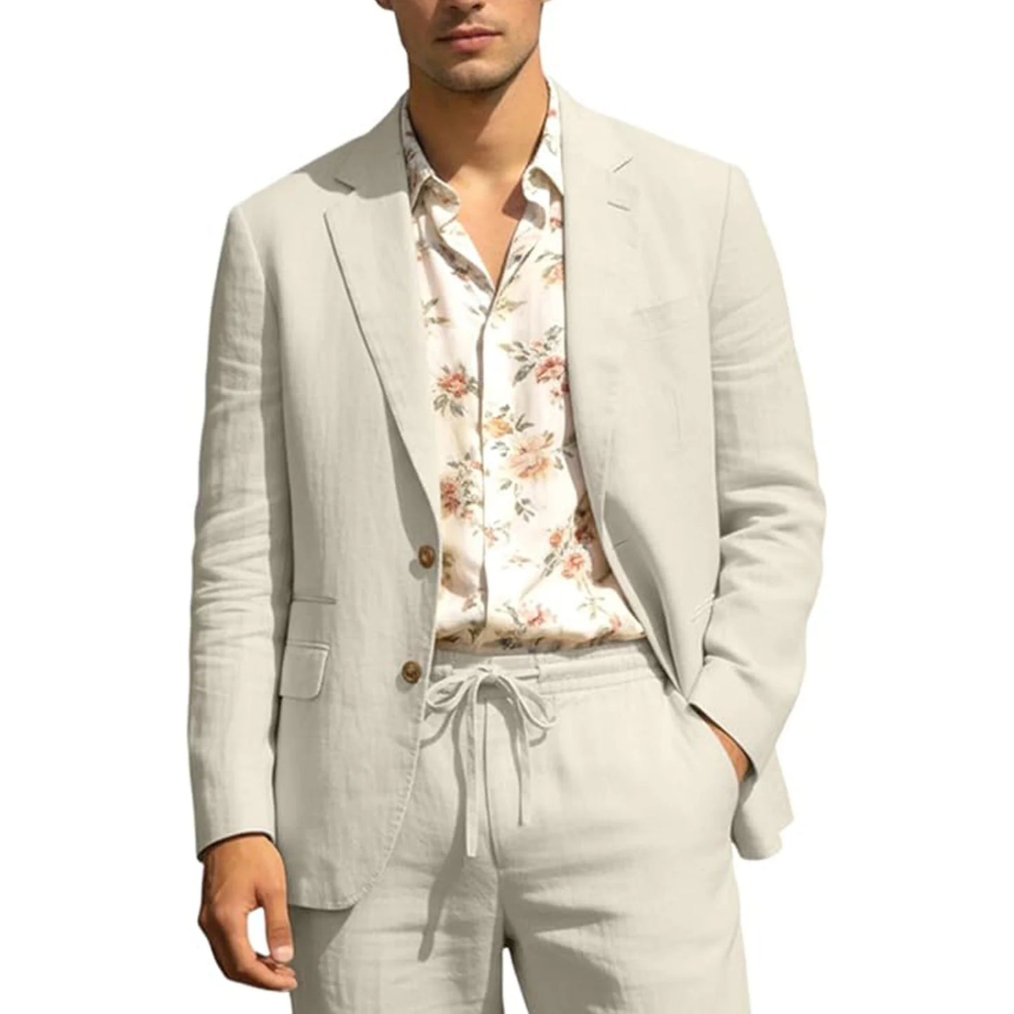 Men's Linen Suit 2 Piece Set Blazer & Drawstring Pants Business Casual Suit Jacket Trousers Summer Beach Wedding Formal Outfit