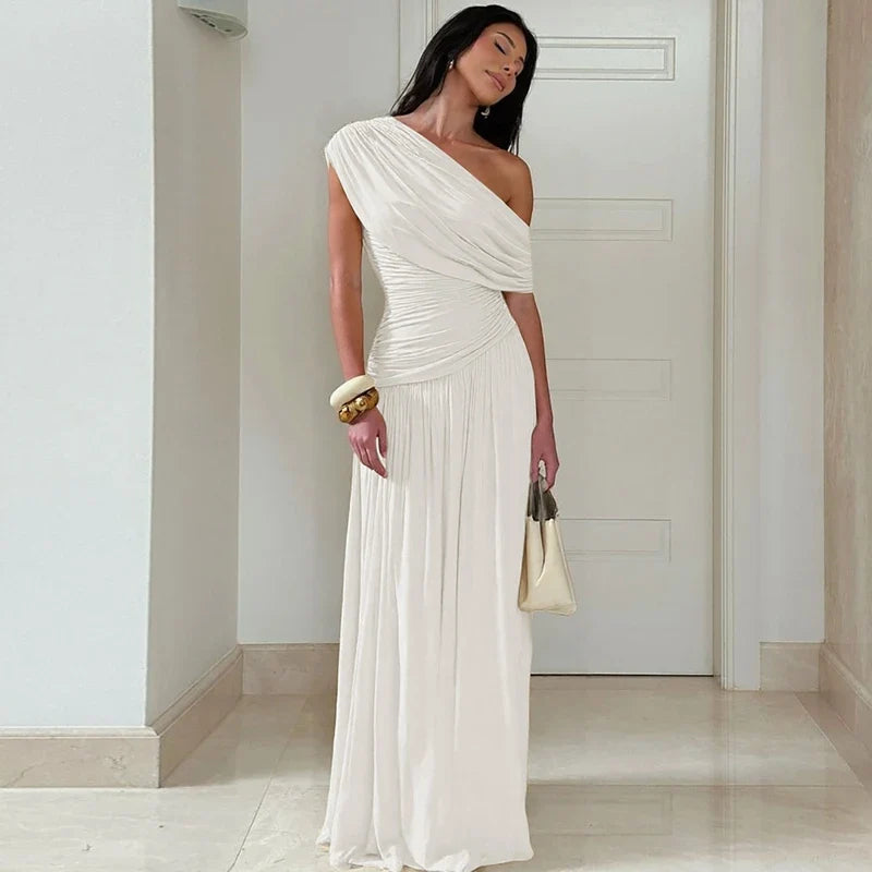 One Shoulder Ruched Sleeveless Solid Pleated Sexy Irregular Y2K Maxi Dress Summer Elegant Party Women Clothes Vacation