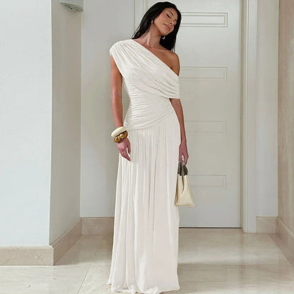 One Shoulder Ruched Sleeveless Solid Pleated Sexy Irregular Y2K Maxi Dress Summer Elegant Party Women Clothes Vacation