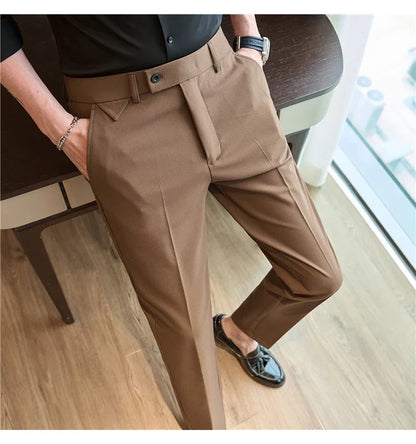 Men's High-Grade Trousers, Stretch Waist, Casual Trousers Slim Fit Navy Blue, Business All-Match，Male Pants
