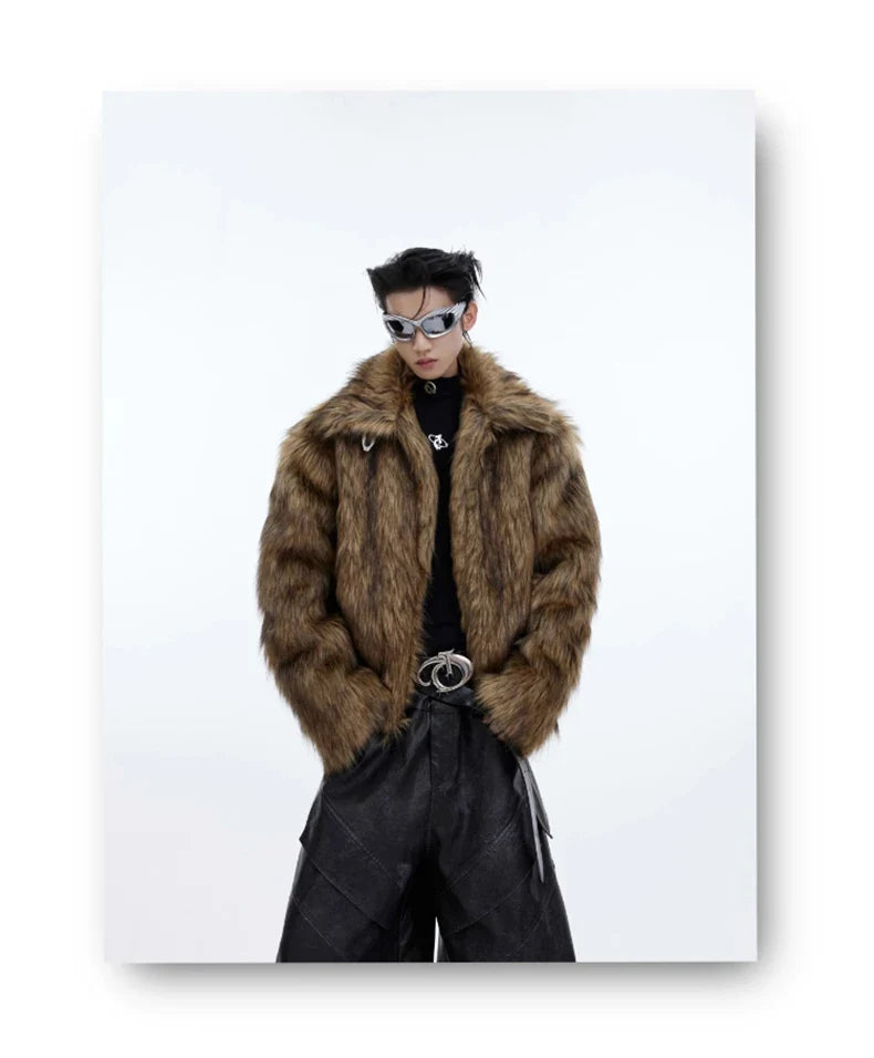 Winter Short Thick Warm Brown Hairy Soft Faux Fur Coat Men with Turn-down Collar Long Sleeve Fluffy Jackets 2024