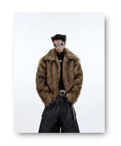 Winter Short Thick Warm Brown Hairy Soft Faux Fur Coat Men with Turn-down Collar Long Sleeve Fluffy Jackets 2024
