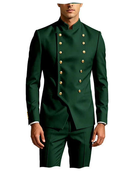 Men's Double Breasted Stand Collor Suit 2 Pieces Blazer Pants Set Slim Fit Business Casual Suit Jacket Formal Wedding Tuxedo