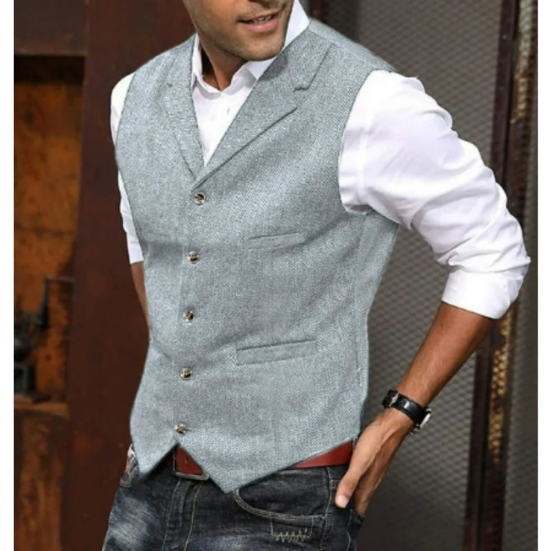 Business Suit Vest Man British Retro V-neck Male Vest Slim Solid Color Single-breasted Workwear Casual Men Waistcoat