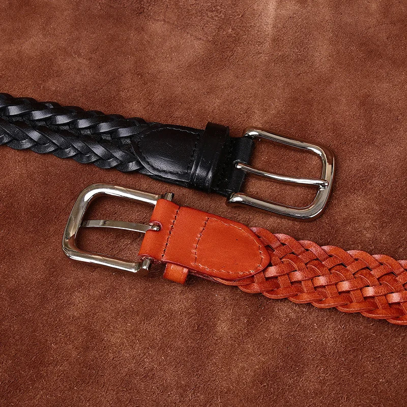 3.5CM Cowhide High Quality Genuine Leather Belts for Men Women Hand Woven Belt Strap Male Pin Buckle Jeans Cowboy Cintos Luxury