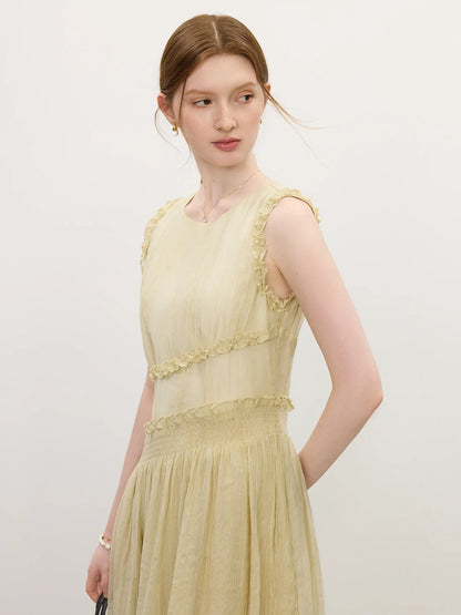 Summer 2025 Textured Pleat Dress - Fluid Asymmetric Hem Sleeveless Resort to Office Elegant Silhouette