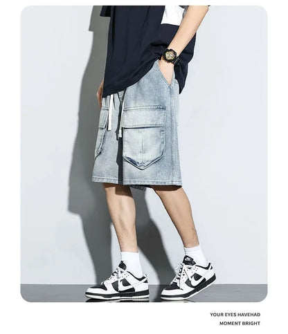Bermuda Men's Denim Shorts Summer New Fashion Loose Jeans Casual Vintage Drawstring Cargo Short Pants Male Streetwear